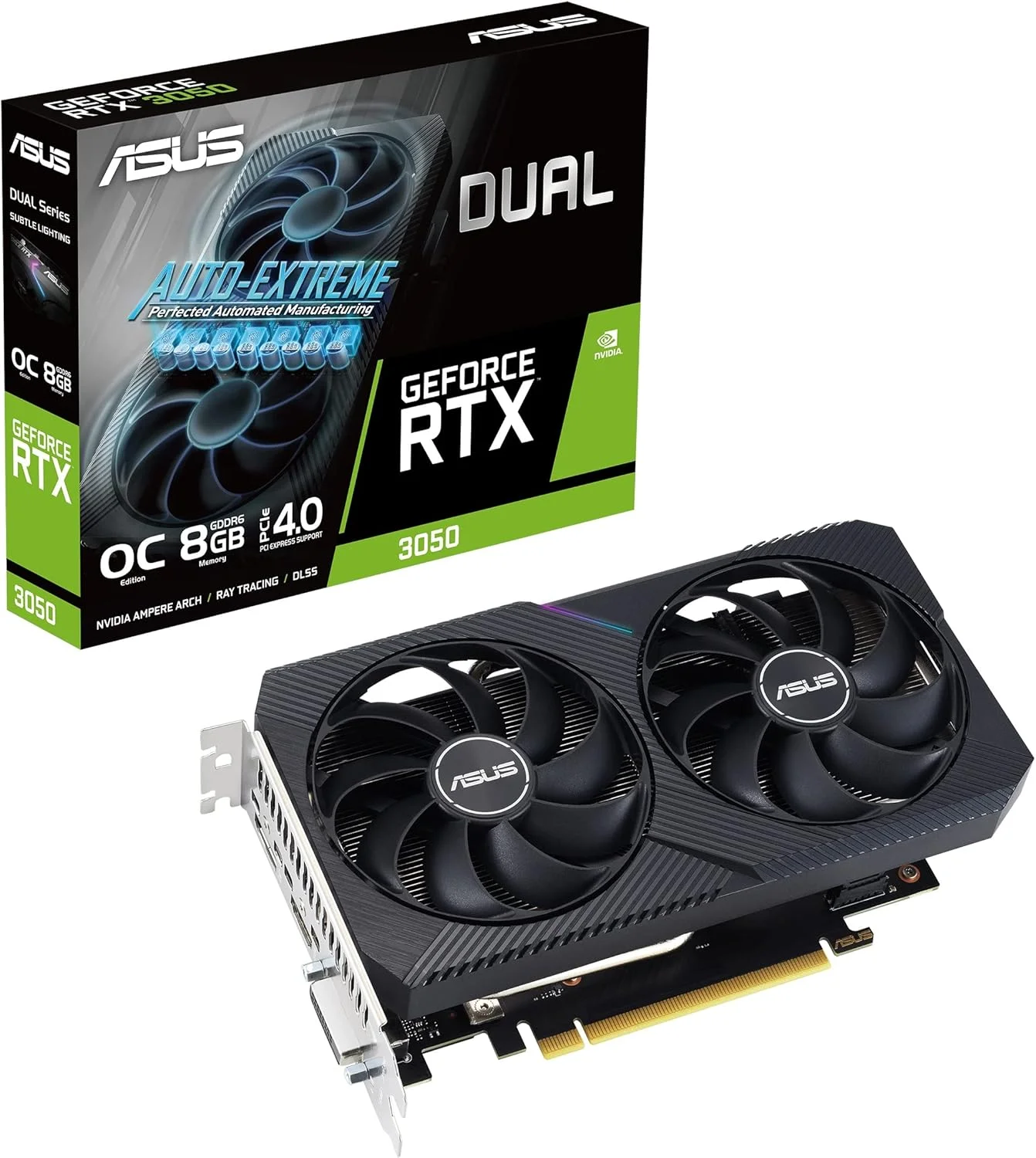 ASUS Dual GeForce RTX 3050 OC Edition 8GB graphics card with dual-fan cooling, Ray Tracing, and DLSS support for FHD gaming